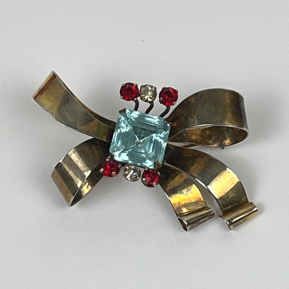 Vintage 1940s Gold Over Sterling Aqua Blue Stone Ribbon Bow Brooch - Picture 9 of 9